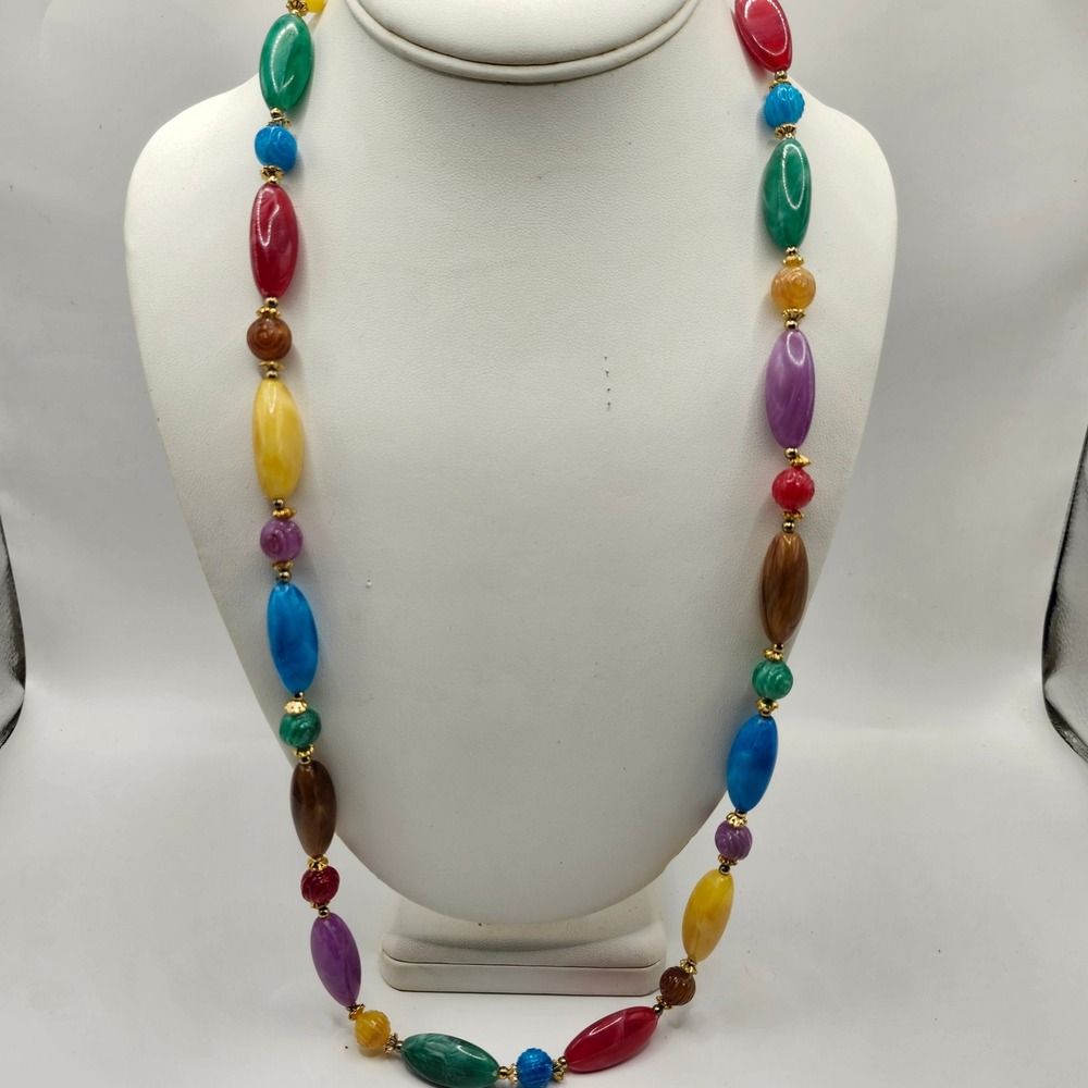 Vintage Multi Color Plastic Bead Necklace Gold Tone Accents Long Strand Jewelry